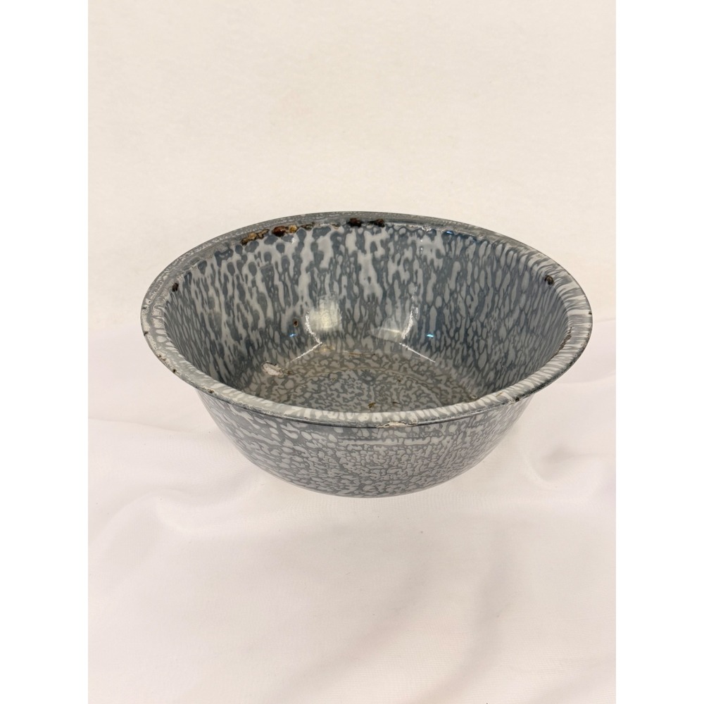 Vintage Grey White Graniteware Splatter Enamelware Mixing Bowl Rustic Farmhouse